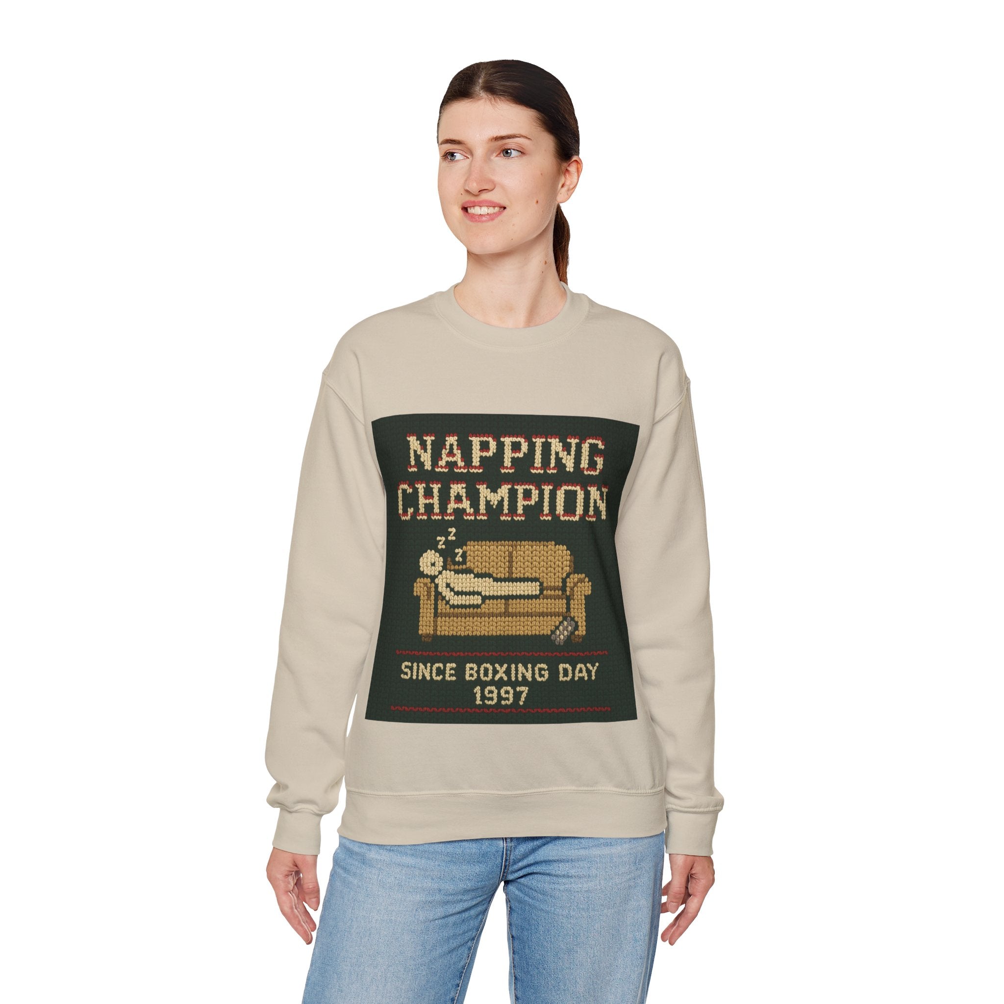 Ugly Xmas Jumper Sweatshirt — "Napping Champion since 1997" Christmas Crewneck