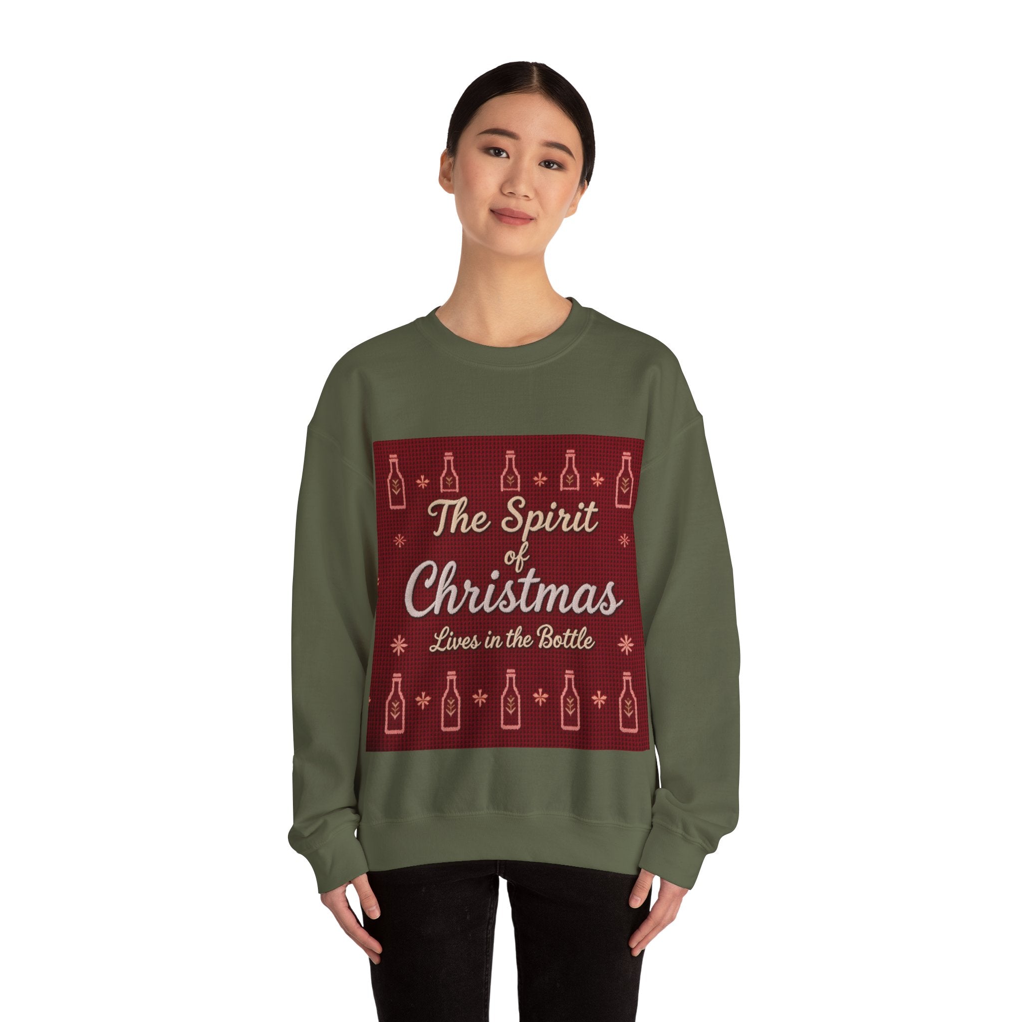 Ugly Xmas Jumper Sweatshirt — "The Spirit of Christmas lives in the bottle" Christmas Crewneck