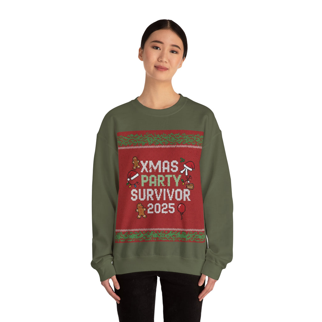 Ugly Xmas Jumper Sweatshirt — "XMAS PARTY SURVIVOR 2025" Christmas Crewneck