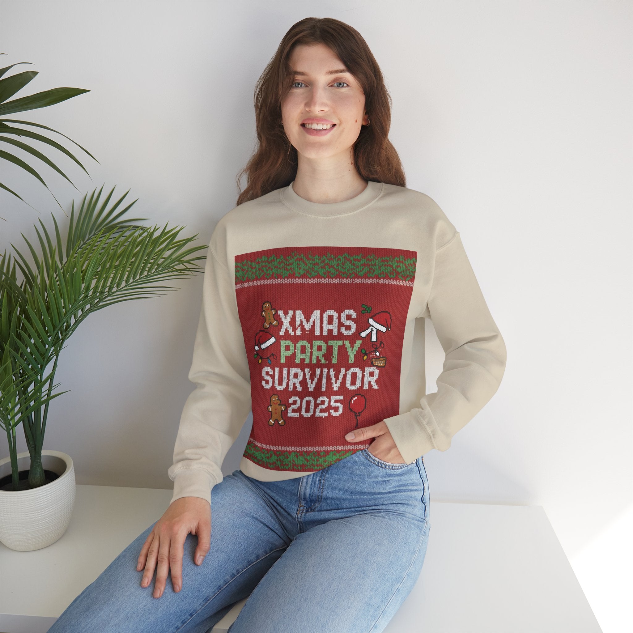Ugly Xmas Jumper Sweatshirt — "XMAS PARTY SURVIVOR 2025" Christmas Crewneck