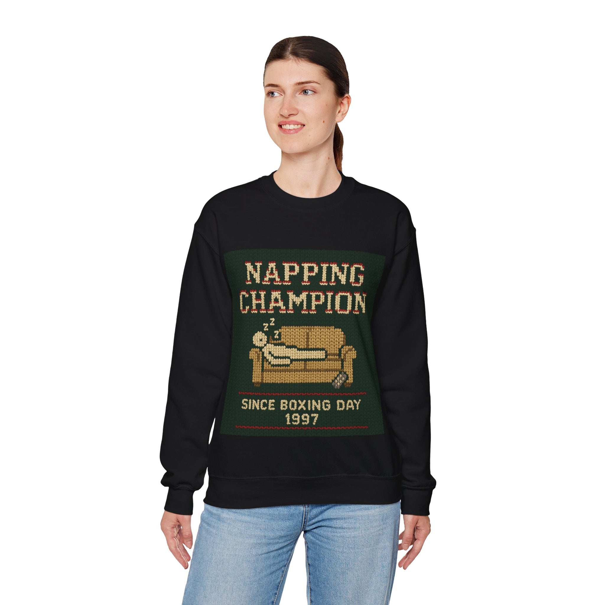 Ugly Xmas Jumper Sweatshirt — "Napping Champion since 1997" Christmas Crewneck
