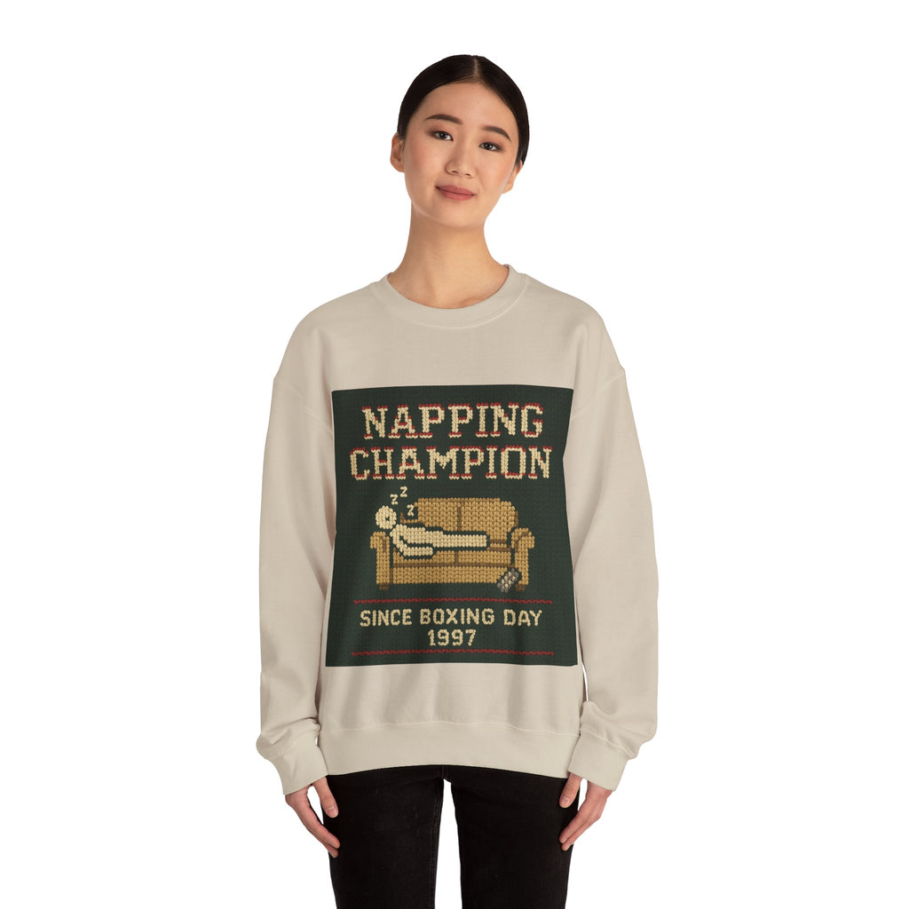 Ugly Xmas Jumper Sweatshirt — "Napping Champion since 1997" Christmas Crewneck