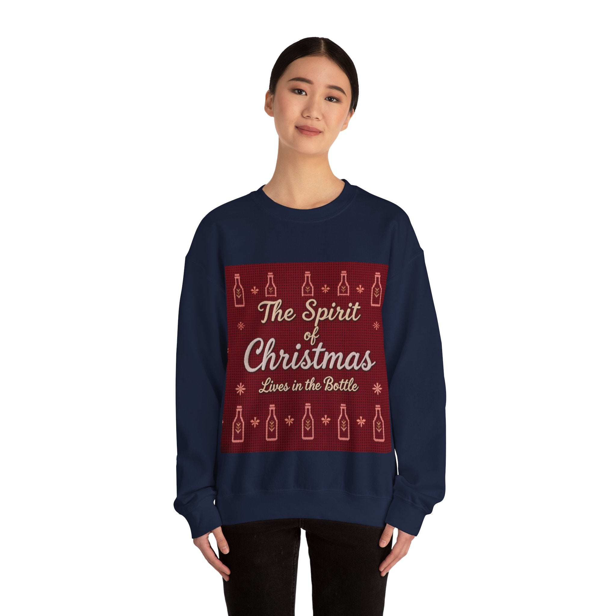 Ugly Xmas Jumper Sweatshirt — "The Spirit of Christmas lives in the bottle" Christmas Crewneck
