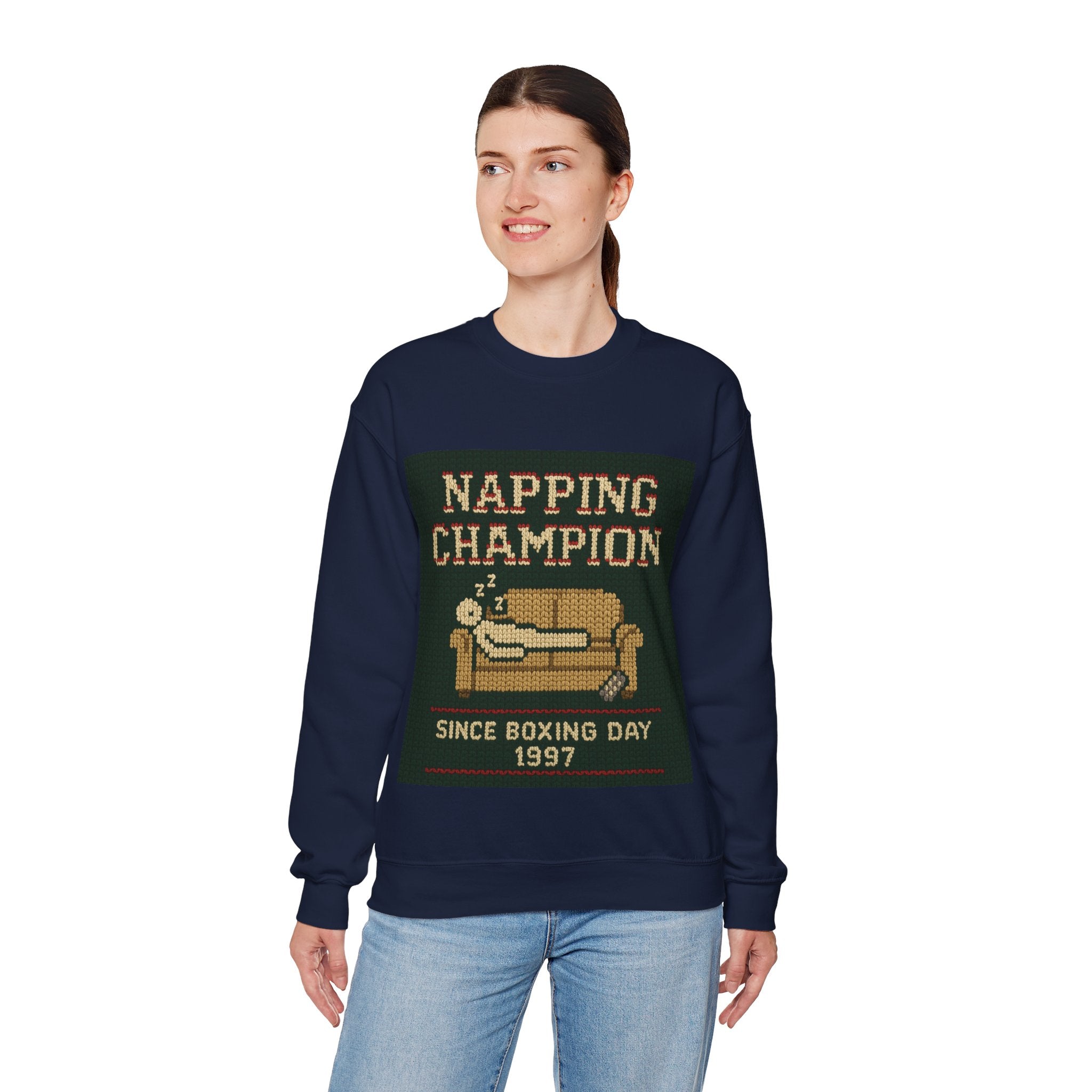 Ugly Xmas Jumper Sweatshirt — "Napping Champion since 1997" Christmas Crewneck