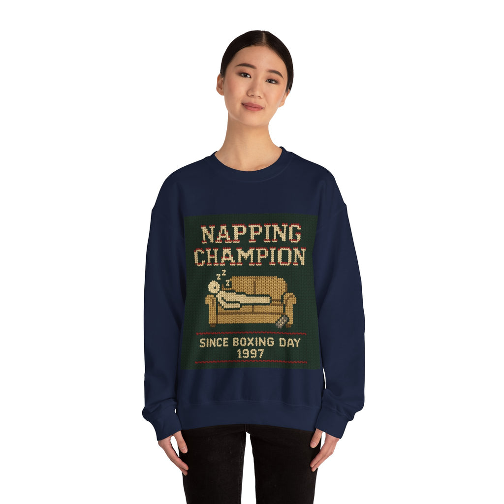 Ugly Xmas Jumper Sweatshirt — "Napping Champion since 1997" Christmas Crewneck