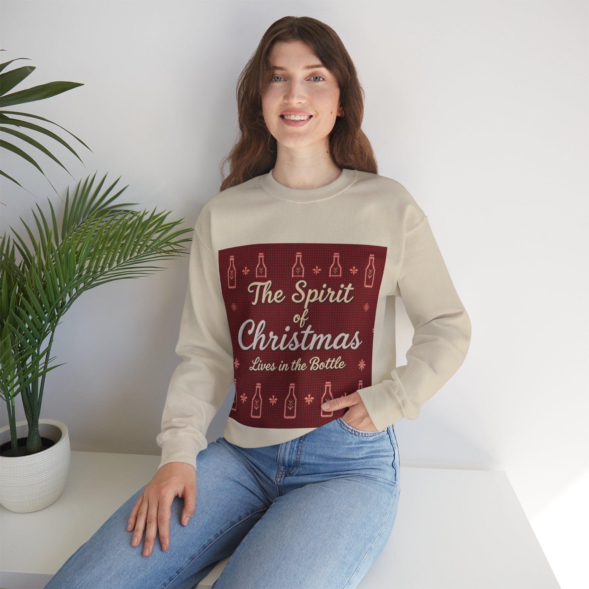 Ugly Xmas Jumper Sweatshirt — "The Spirit of Christmas lives in the bottle" Christmas Crewneck