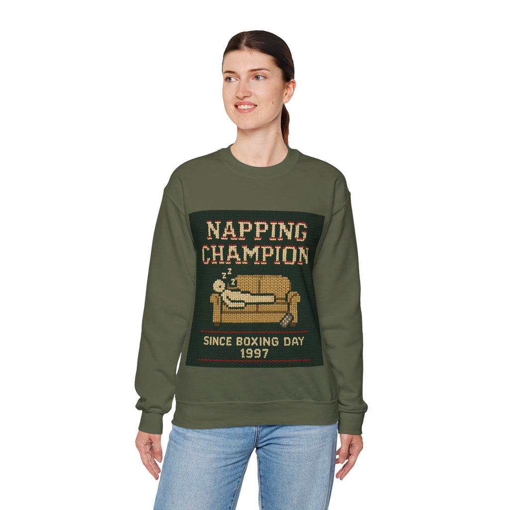 Ugly Xmas Jumper Sweatshirt — "Napping Champion since 1997" Christmas Crewneck