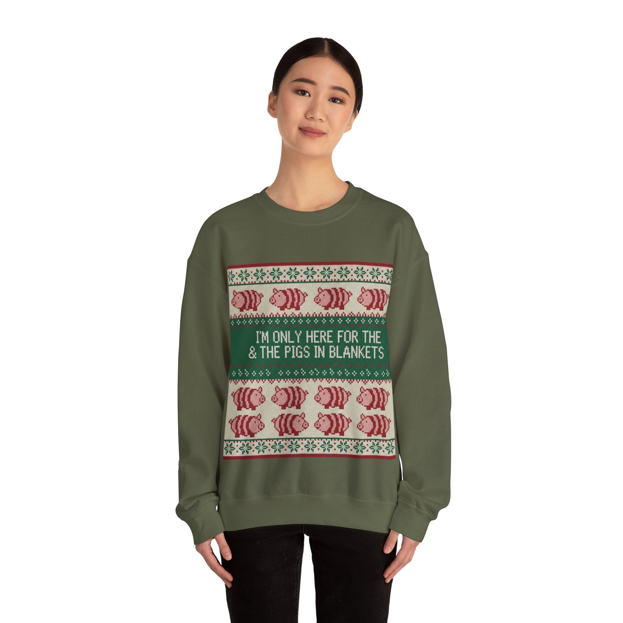 Ugly Xmas Jumper Sweatshirt — "I'm only here for the pigs in blankers" Christmas Crewneck