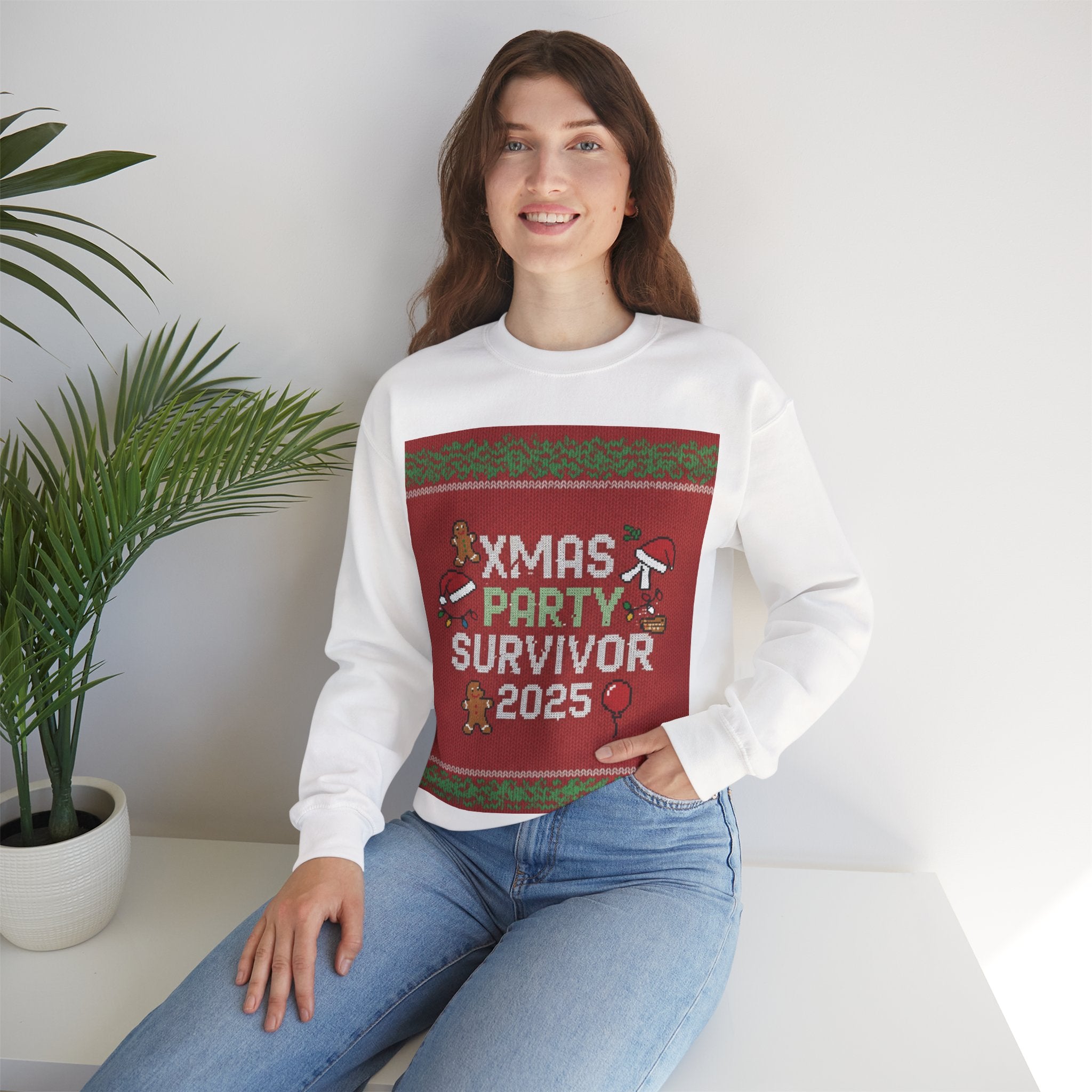 Ugly Xmas Jumper Sweatshirt — "XMAS PARTY SURVIVOR 2025" Christmas Crewneck