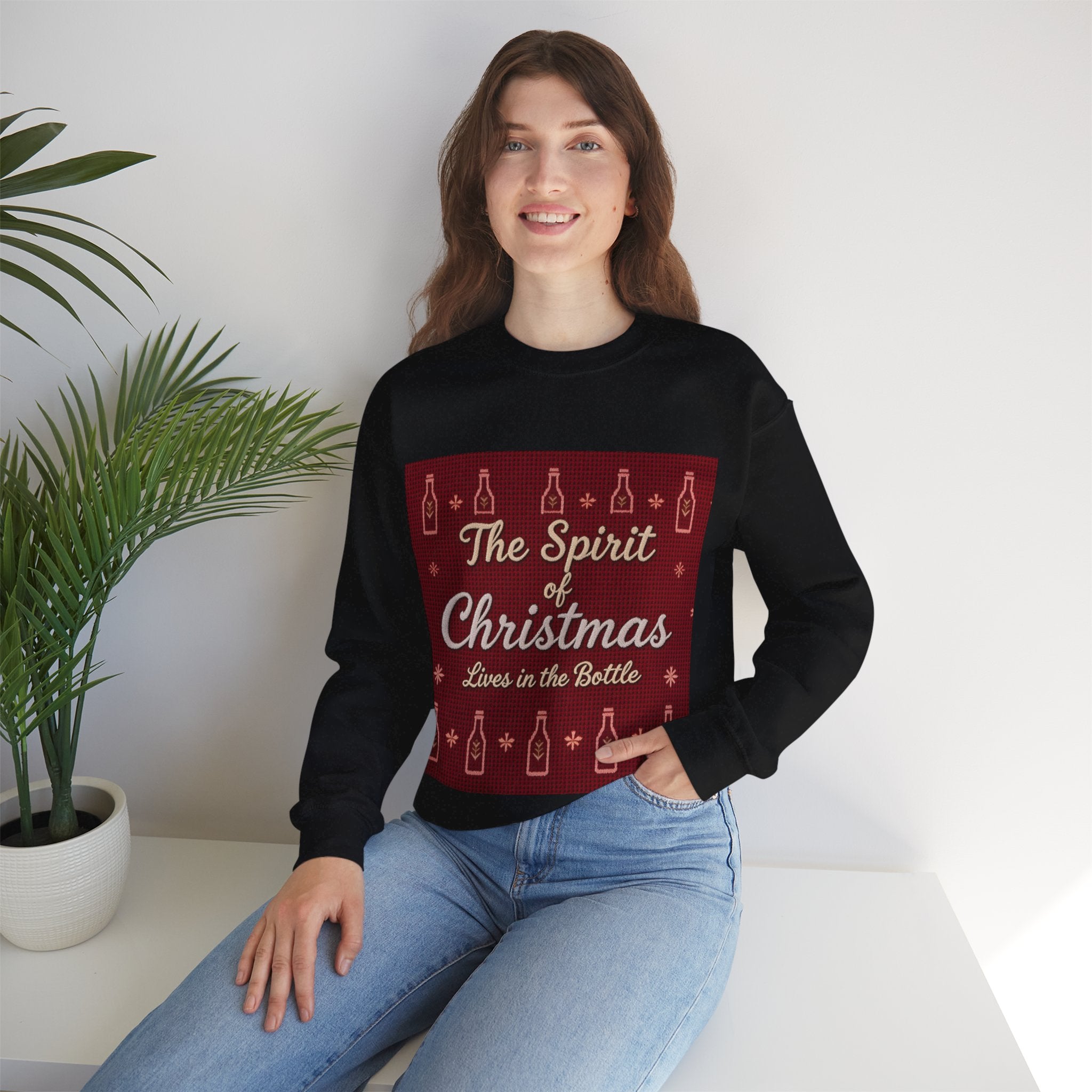 Ugly Xmas Jumper Sweatshirt — "The Spirit of Christmas lives in the bottle" Christmas Crewneck