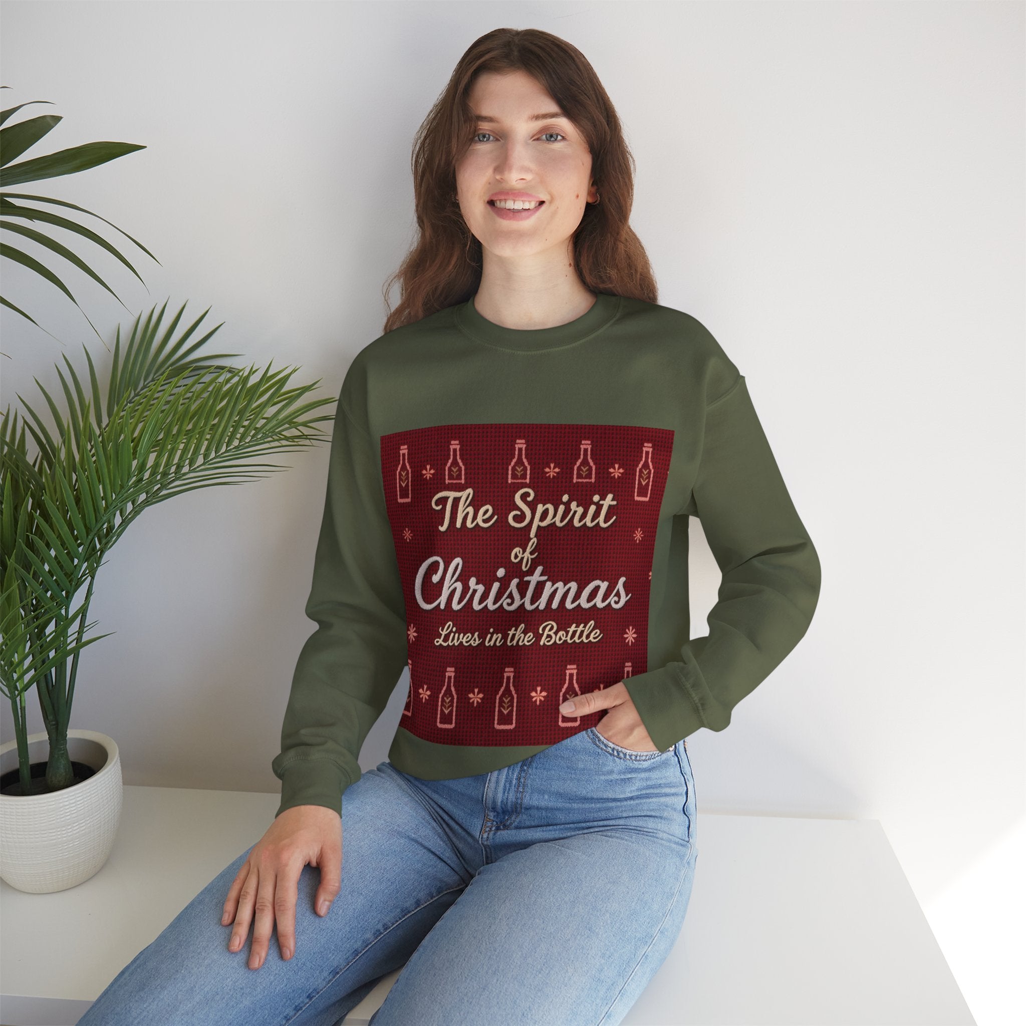Ugly Xmas Jumper Sweatshirt — "The Spirit of Christmas lives in the bottle" Christmas Crewneck