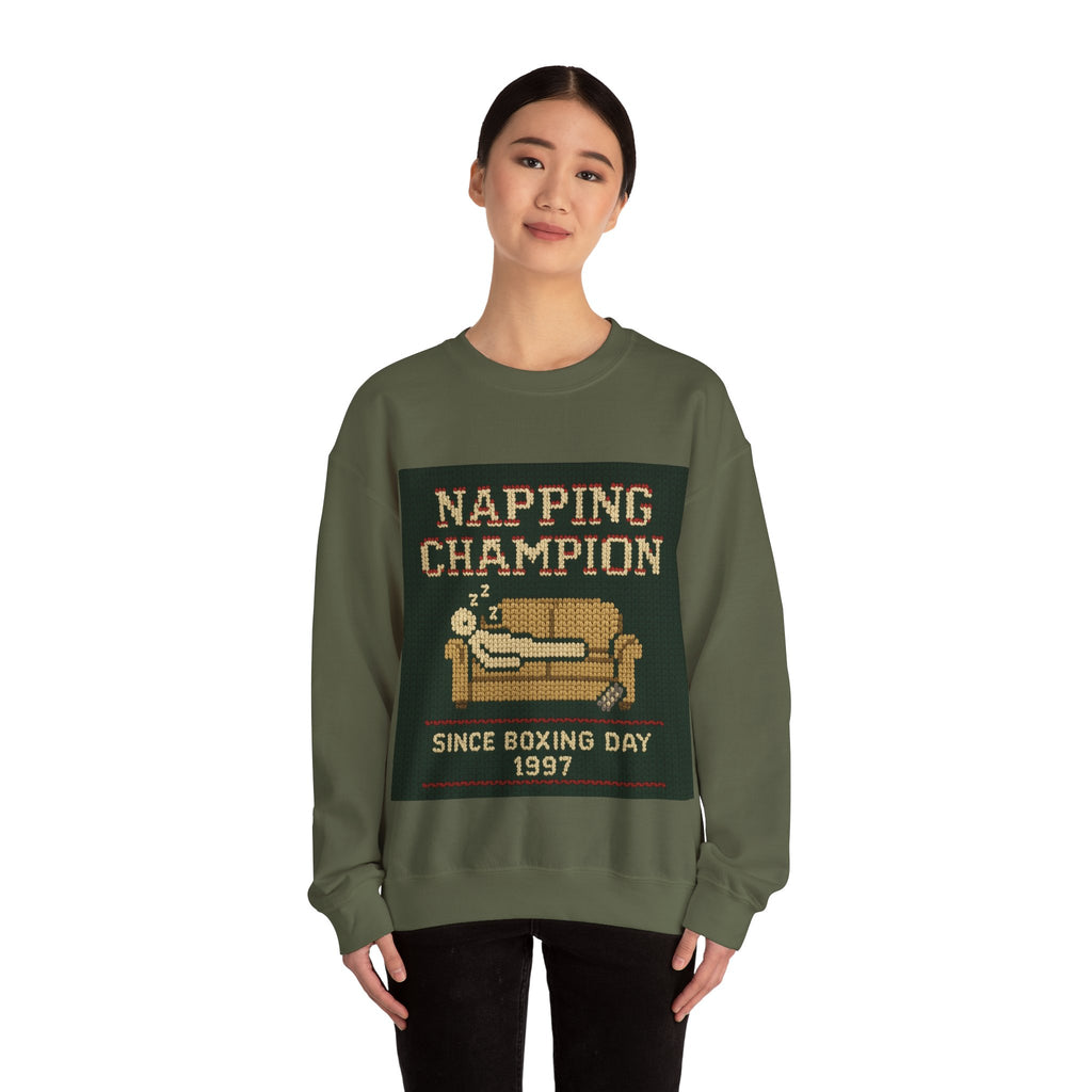 Ugly Xmas Jumper Sweatshirt — "Napping Champion since 1997" Christmas Crewneck