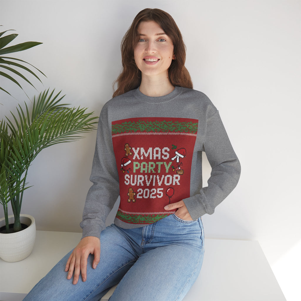 Ugly Xmas Jumper Sweatshirt — "XMAS PARTY SURVIVOR 2025" Christmas Crewneck