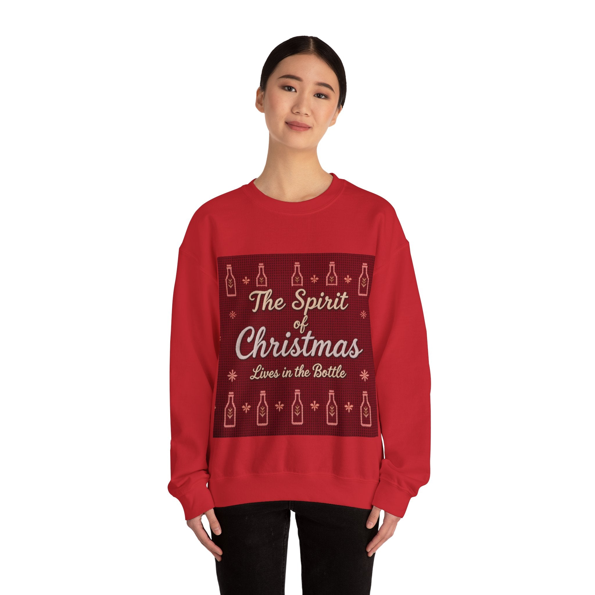 Ugly Xmas Jumper Sweatshirt — "The Spirit of Christmas lives in the bottle" Christmas Crewneck