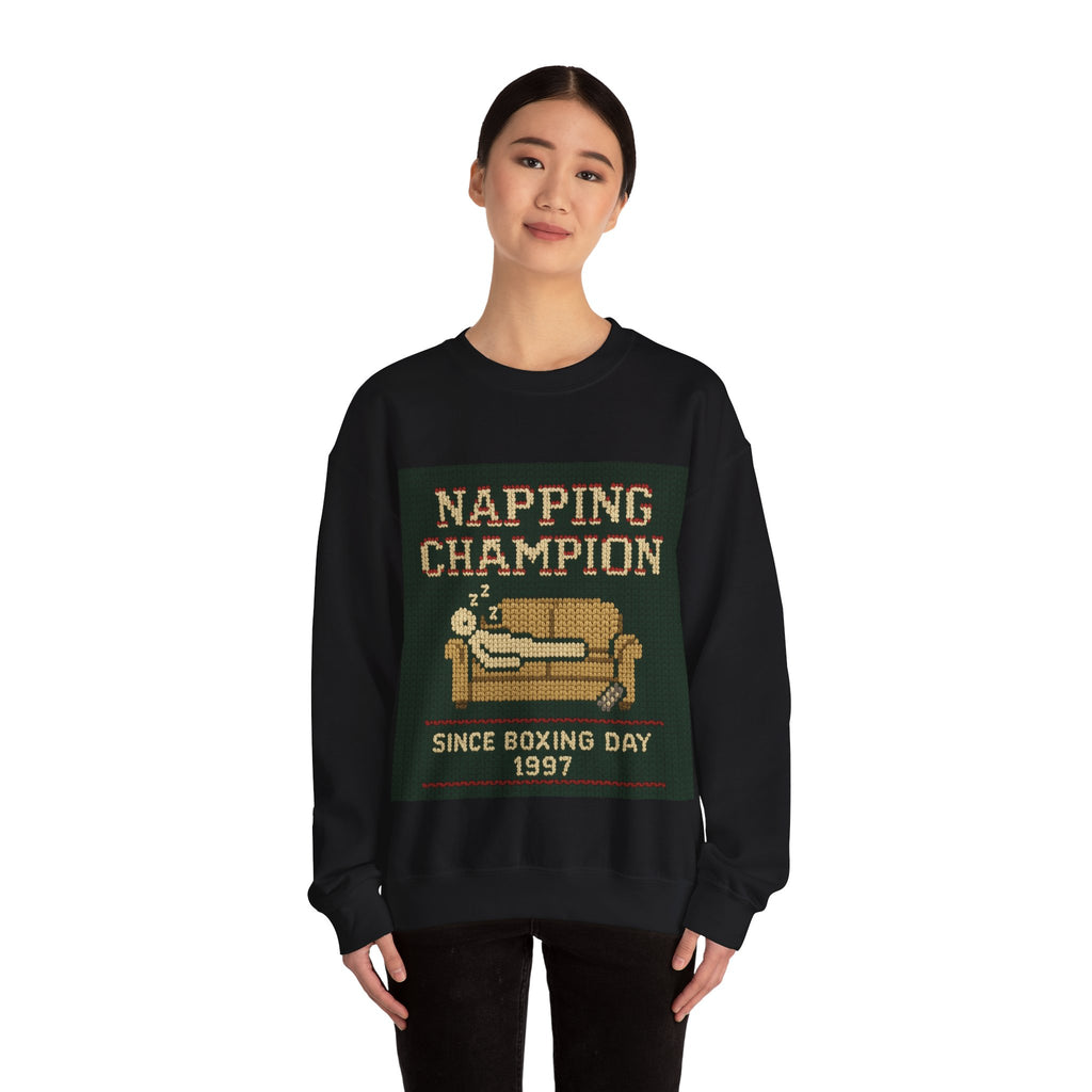 Ugly Xmas Jumper Sweatshirt — "Napping Champion since 1997" Christmas Crewneck
