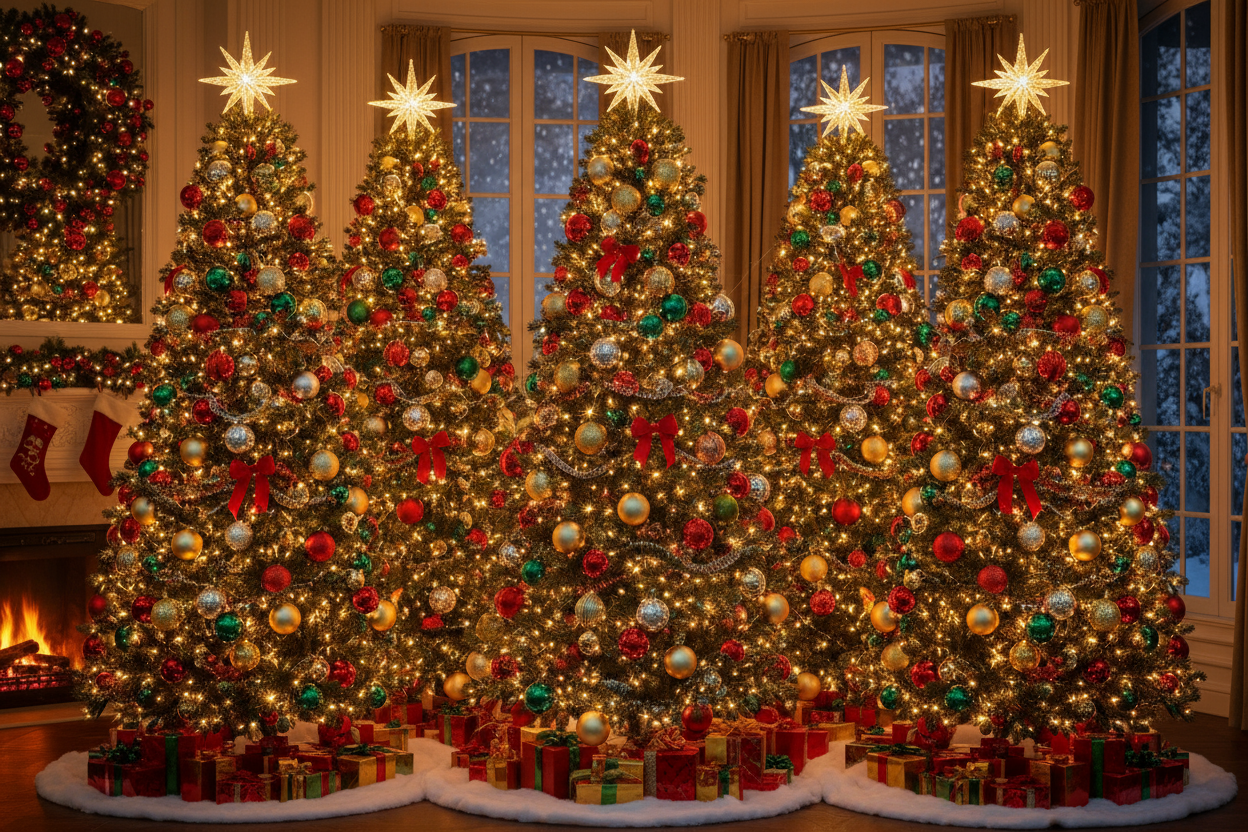 christmas trees all decorated